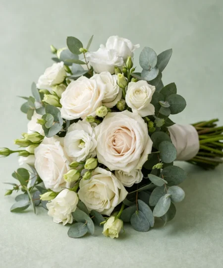 Elegancki bukiet ślubny z białych róż, eustomy i eukaliptusa wykonany przez Lu La Fleur – klasyczna i romantyczna florystyka ślubna.