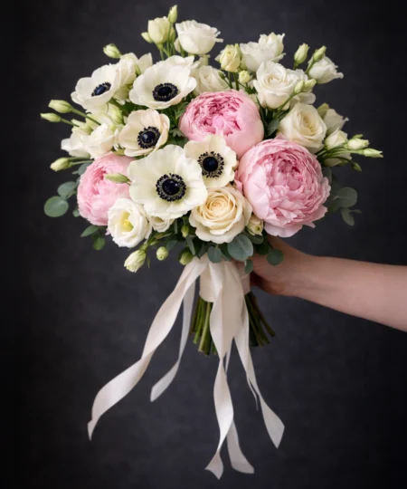 Romantyczny bukiet ślubny z piwonii, anemonów, eustomy i kremowych róż wykonany przez Lu La Fleur – elegancka florystyka ślubna dla panny młodej.