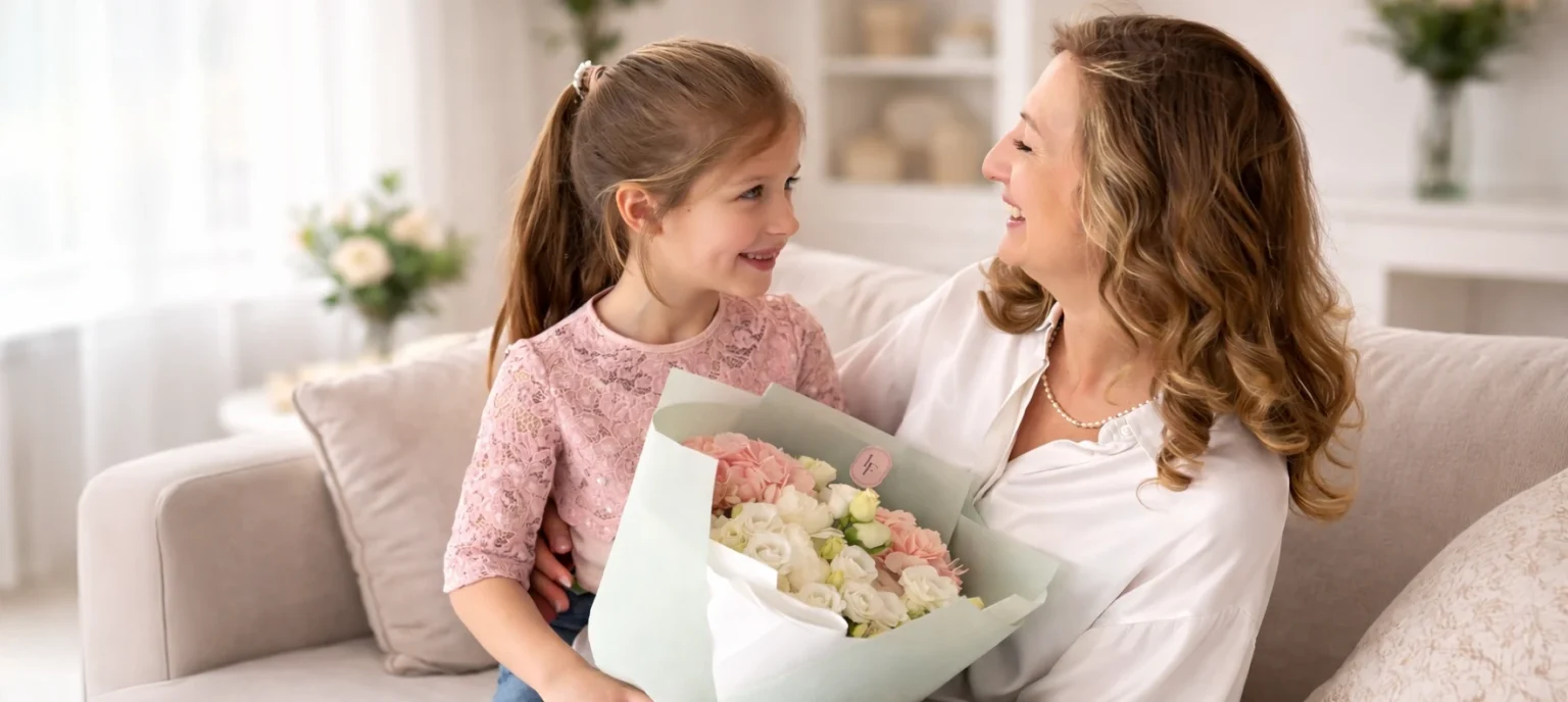 Daughter giving her mom a bouquet of flowers for Mother’s Day – elegant pastel arrangement, perfect gift from Lu La Fleur.