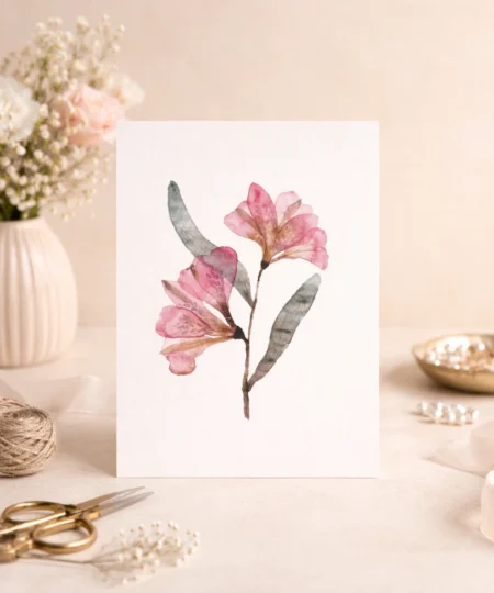 Delikatna kartka z akwarelową ilustracją różowych kwiatów w romantycznym stylu, elegancki projekt od LuLaFleur.