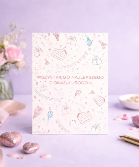 Kolorowa kartka urodzinowa z napisem Wszystkiego najlepszego z okazji urodzin i delikatnymi ilustracjami kwiatów.