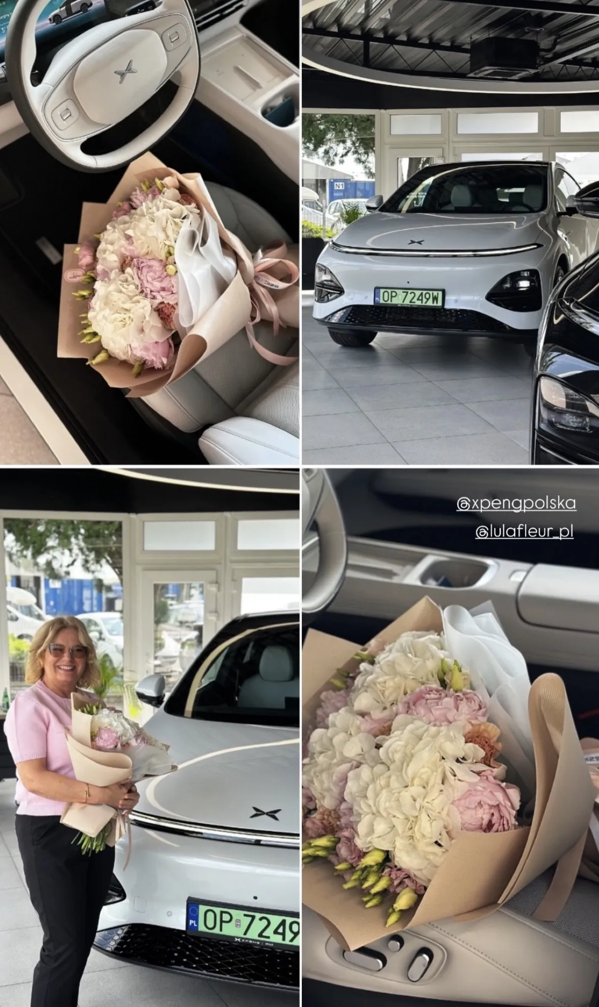 Dekoracja florystyczna Lu La Fleur na evencie Kia Szic w Opolu — bukiety hortensji i piwonii w salonie samochodowym